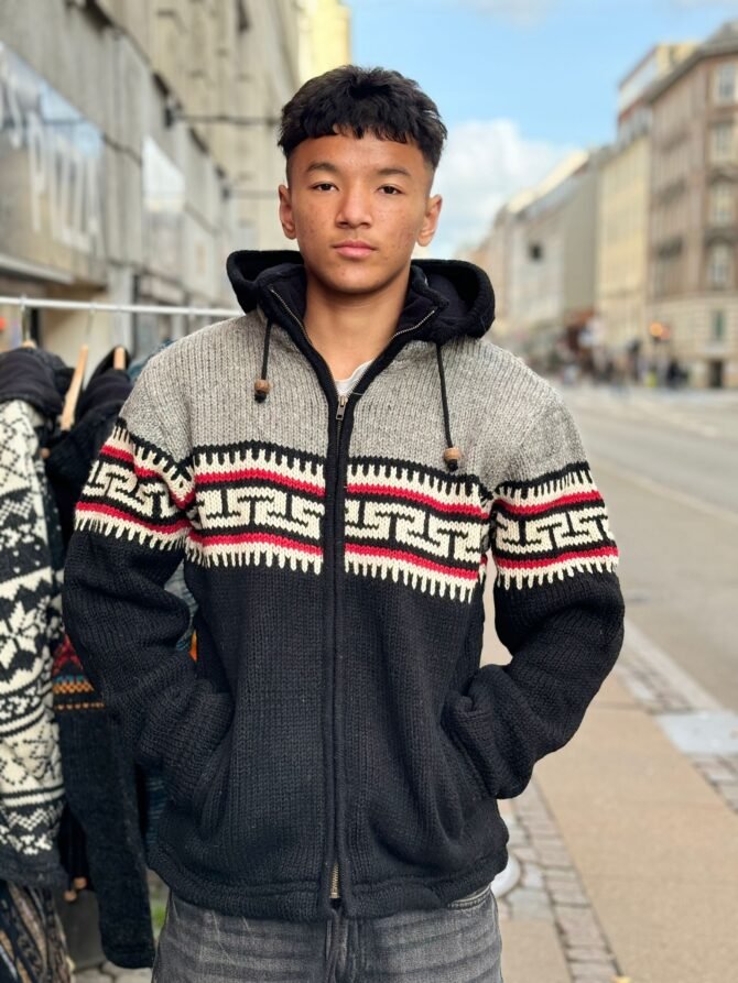 Handmade Woolen Jacket from Nepal – Black & Grey Ethnic Pattern Hoodie